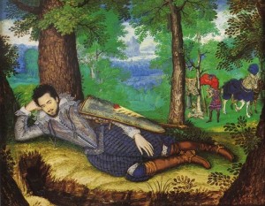 Oil painting of a young man lying on the ground in a forest. His head is propped on his bent arm, and he is covered by a shield. In the background is a plumed horse in blue armor, a squire, and hunting apparatus