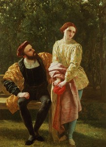 Oil painting of Orsino, seated, and Viola, standing next to him. Orsino looks up at her, while she looks away from him.
