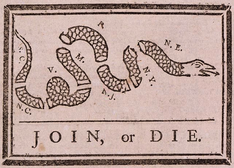 Benjamin Franklin, “Join or Die,” May 9, 1754. Library of Congress, http://www.loc.gov/pictures/item/2002695523/. 