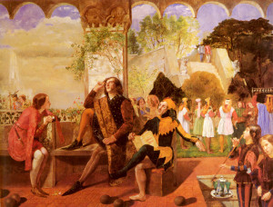 Oil painting of Orsino, seated in an outdoor patio, surrounded by a jester, musicians, and other entertainers. Viola, dressed as Cesario, gazes up at him from the left. He looks distracted, with a hand in his hair and a casual pose.