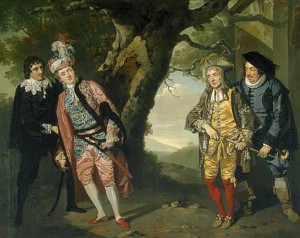 Oil painting depicting four figures in a wooded area. Viola, dressed in men's clothing, leans into Fabian on the left; Sir Aguecheek and Sir Belch confer on the right.
