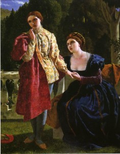 Oil painting of Olivia, seated, and Viola dressed as a man, standing. Olivia is holding Viola's hand and looking desperately up at her, while Viola has an expression of doubt and looks away from Olivia.