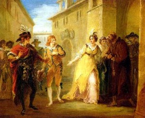 Oil Painting depicting Viola, dressed as Cesario, on the street encountering Olivia, surrounded by others