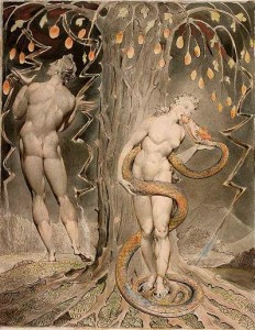 Watercolor painting showing naked Adam and Eve. Eve is standing in front of the forbidden tree, eating a fruit from the mouth of a large serpent wrapped around her body. Adam stands on the left, with his back to the viewer, looking up at the fruit and at the lightning striking in the sky. The colors are gray tones and pale orange in the fruit and the serpent.
