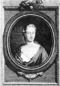 Black and white engraving of Eliza Haywood. It shows her in bust form in an oval frame. She wears a low scoop-necked dress. Her hair is long and tied back, appearing behind her shoulder.