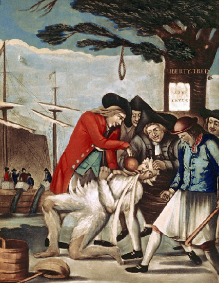 Violent protest by groups like the Sons of Liberty created quite a stir both in the colonies and in England itself. While extreme acts like the tarring and feathering of Boston’s Commissioner of Customs in 1774 propagated more protest against symbols of Parliament’s tyranny throughout the colonies, violent demonstrations were regarded as acts of terrorism by British officials. This print of the 1774 event was from the British perspective, picturing the Sons as brutal instigators with almost demonic smiles on their faces as they enacted this excruciating punishment on the Custom Commissioner. Philip Dawe (attributed), “The Bostonians Paying the Excise-man, or Tarring and Feathering,” Wikimedia, http://commons.wikimedia.org/wiki/File:Philip_Dawe_%28attributed%29,_The_Bostonians_Paying_the_Excise-man,_or_Tarring_and_Feathering_%281774%29.jpg. 