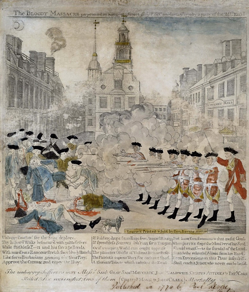 This iconic image of the Boston Massacre by Paul Revere sparked fury in both Americans and the British by portraying the redcoats as brutal slaughterers and the onlookers as helpless victims. The events of March 5, 1770 did not actually play out as Revere pictured them, yet his intention was not simply to recount the affair. Revere created an effective propaganda piece that lent credence to those demanding that the British authoritarian rule be stopped. Paul Revere (engraver), “The bloody massacre perpetrated in King Street Boston on March 5th 1770 by a party of the 29th Regt.,” 1770. Library of Congress.