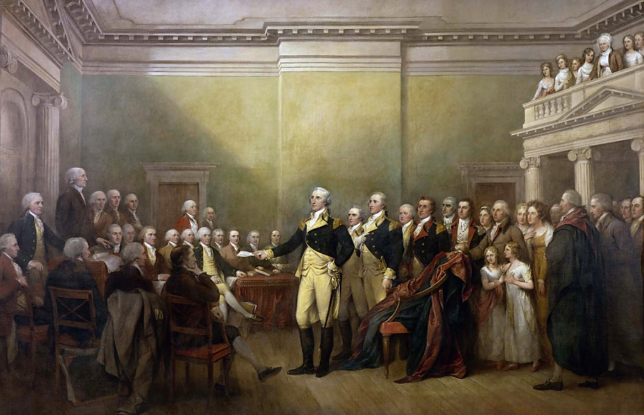 Another John Trumbull piece commissioned for the Capitol in 1817, this painting depicts what would be remembered as the moment the new United States became a republic. On December 23, 1783, George Washington, widely considered the hero of the Revolution, resigned his position as the most powerful man in the former thirteen colonies. Giving up his role as Commander-in-Chief of the Army insured that civilian rule would define the new nation, and that a republic would be set in place rather than a dictatorship. John Trumbull, General George Washington Resigning His Commission, c. 1817-1824. Wikimedia, http://commons.wikimedia.org/wiki/File:General_George_Washington_Resigning_his_Commission.jpg. 