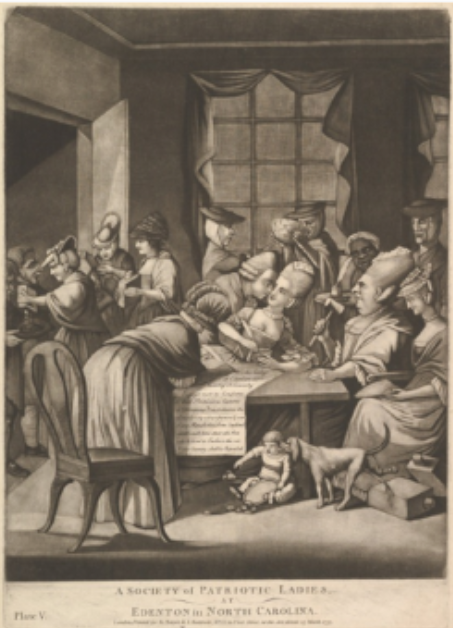 While in the 13 colonies boycotting women were seen as patriots, they were mocked in British prints like this one as immoral harlots sticking their noses in the business of men. Philip Dawe, “A Society of Patriotic Ladies at Edenton in North Carolina, March 1775. Metropolitan Museum of Art, http://www.metmuseum.org/collection/the-collection-online/search/388959. 