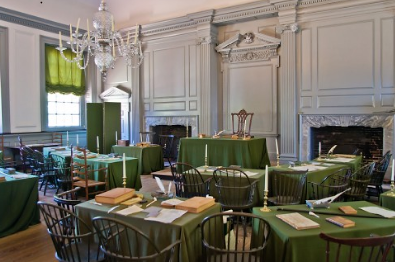 Delegates to the Constitutional Convention assembled, argued, and finally agreed in this room, styled in the same manner it was during the Convention. Photograph of the Assembly Room, Independence Hall, Philadelphia, PA. Wikimedia, http://commons.wikimedia.org/wiki/File:Independence_Hall_10.jpg. 