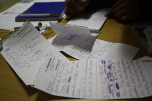 sheets of handwritten notes scattered on a desk