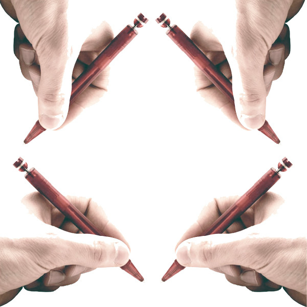Photo of four hands holding red pencils at each corner of the photo, so that a square is formed in the central negative space