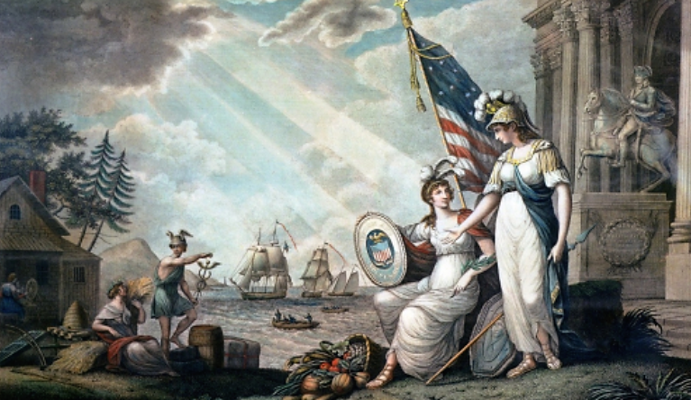 “América guiada por la sabiduría Una representación alegórica de Estados Unidos que representa su independencia y prosperidad”, 1815, vía Biblioteca del Congreso.