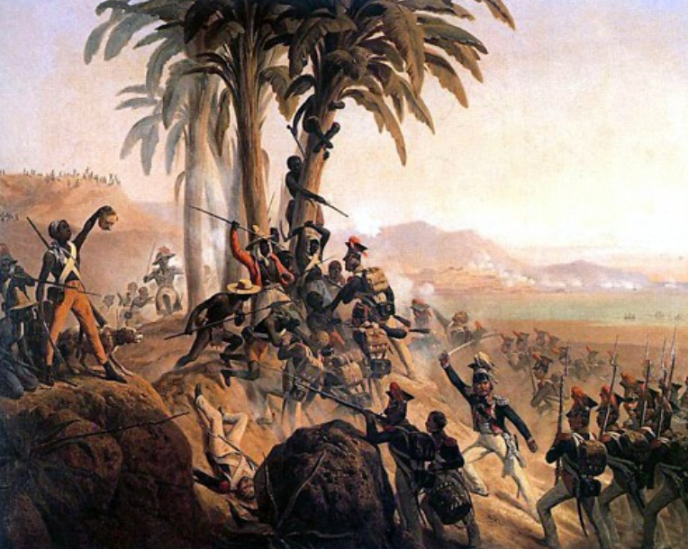 The idea and image of black Haitian revolutionaries sent shockwaves throughout white America. That black slaves and freed people might turn violent against whites, so obvious in this image where a black soldier holds up the head of a white soldier, remained a serious fear in the hearts and minds of white southerners throughout the antebellum period. January Suchodolski, Battle at San Domingo, 1845. Wikimedia, http://commons.wikimedia.org/wiki/File:San_Domingo.jpg. 