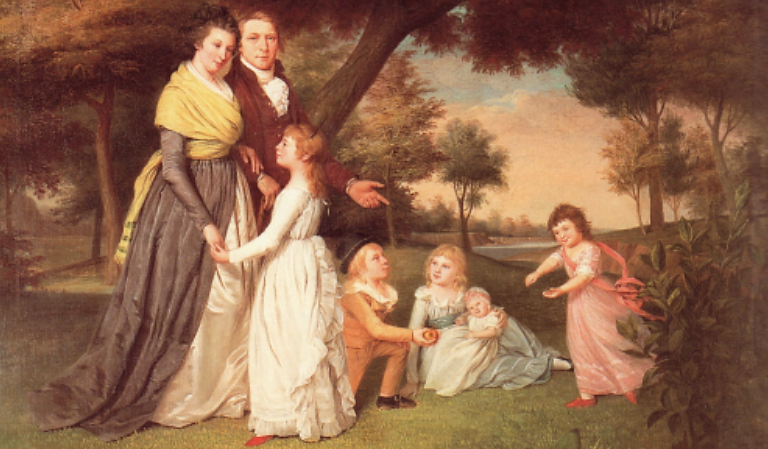 The artist James Pealse painted this portrait of his wife Mary and five of their eventual six children. Peale and others represented women as responsibl for the health of the republic through their roles as wives as mothers. Though unmistakably steeped in the gendered assumptions about female sexuality and domesticity that denied women an equal share of the political rights men enjoyed, these statements also conceded the pivotal role women played as active participants in partisan politics. Via Wikimedia. 
