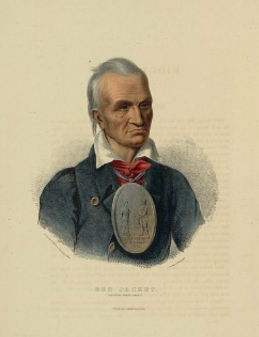 Shown in this portrait as a refined gentleman, Red Jacket proved to be one of the most effective middlemen between native Americans and United States officials. The medal worn around his neck, apparently given to him by George Washington, reflects his position as an intermediary. Campbell & Burns, “Red Jacket. Seneca war chief,” Philadelphia: C. Hullmandel, 1838. Library of Congress, http://www.loc.gov/pictures/item/2003670111/. 