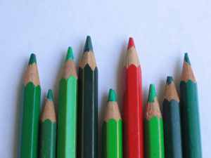 row of 9 colored pencils. All are shades of green except 4th from right, which is red.