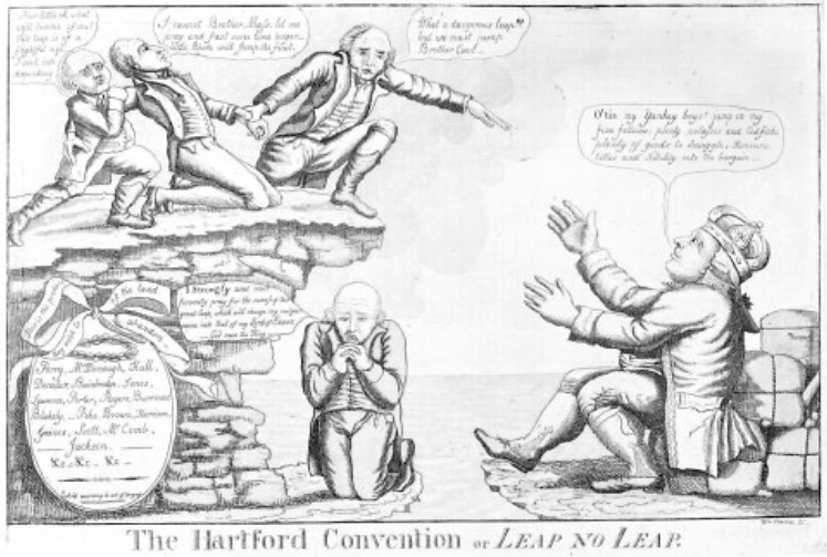 Contemplating the possibility of secession over the War of 1812 (fueled in large part by economic interests of New England merchants), the Hartford Convention posed the possibility of disaster for the still young United States. England, represented by the figure John Bull on the right side, is shown in this political cartoon with arms open to accept New England back into its empire. William Charles, Jr., “The Hartford Convention or Leap No Leap.” Wikimedia, http://en.Wikipedia.org/wiki/File:TheHartfordConventionOrLeapNoLeap.jpg. 