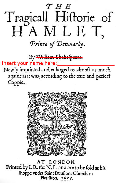 Old playbill from Hamlet, showing Shakespeare's name crossed out with a new line of text that says "Insert your name here ___________"