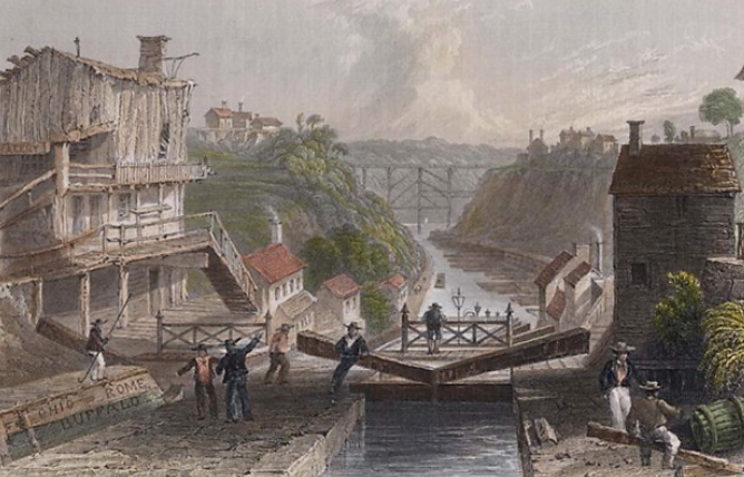 Engraving based on W.H. Bartlett, "Lockport, Erie Canal,” 1839, http://commons.wikimedia.org/wiki/File:Lockport_bartlett_color_crop.jpg.