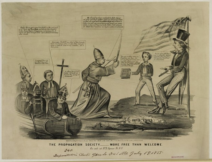 N. Currier, “The Propagation Society, More Free than Welcome,” 1855, http://www.loc.gov/pictures/item/2003656589/. An anti-Catholic cartoon, reflecting the nativist perception of the threat posed by the Roman Church's influence in the United States through Irish immigration and Catholic education.