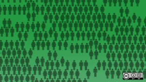 Illustration of men and women silhouettes, like those found on bathroom doors, repeated on a green background. While they mostly form neat rows, some are out of line and gaps exist, for an overall impression of disorder.