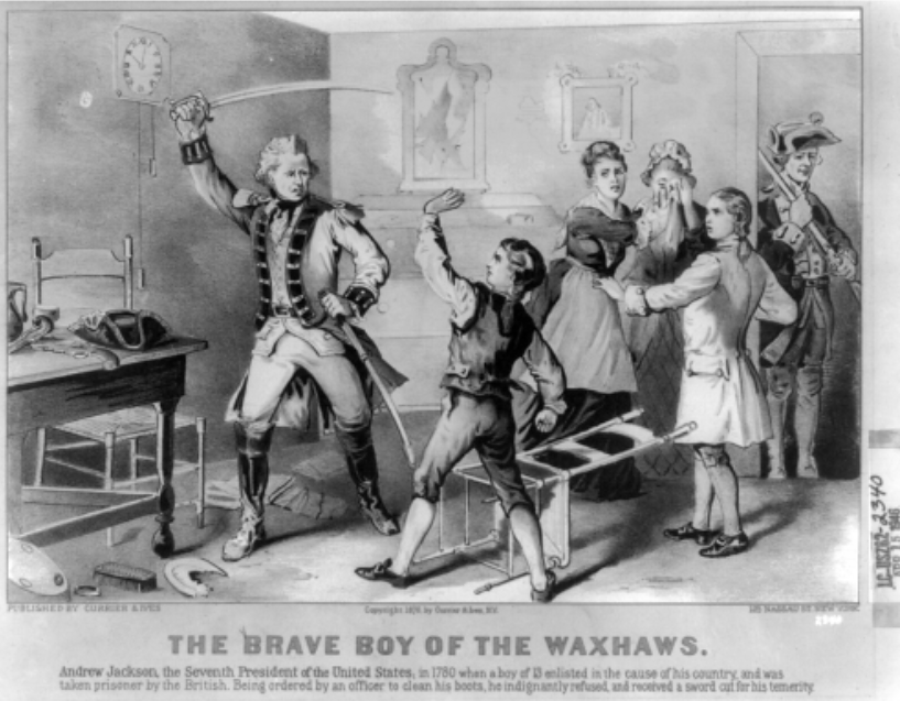 Images like this one -- showing Jackson refusing to bow to the whims of a British officer and defending his family -- helped establish the memory of Jackson as the keeper of the Revolution and a leader of the common man. Currier & Ives, "The Brave Boy of the Waxhaws,” 1876. Wikimedia, http://commons.wikimedia.org/wiki/File:Andrew-Jackson-disobeys-British-officer-1780.png. 