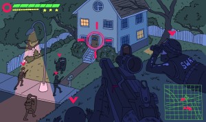 Cartoon rendering of a first-person shooter style image with a target in the middle of the picture. The target is over a white two-story house, and SWAT members are swarming around the outside of it, at night.