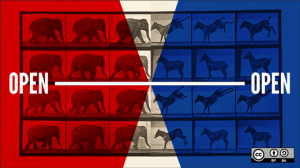 Illustration that features four rows of six images each. On the left are black and white photos of elephants, facing right; on the right, are black and white images of donkeys, facing left. A large block of red is superimposed over most of the left; a large block of blue is superimposed over most of the right, leaving triangle-shaped cutouts of uncolored image in the center. The word "Open" appears on both the left and right side, connected with a white line.