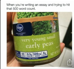 When you're writing an essay and trying to hit that 500 word limit, with a picture of canned vegetables labeled "very young small early peas."