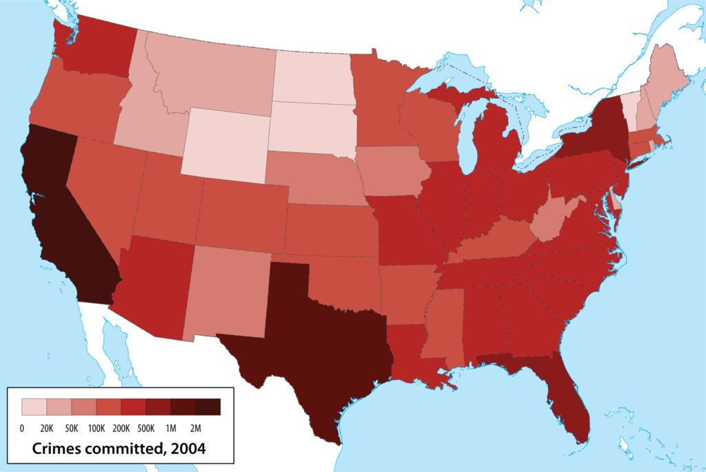 map of US showing number of crimes per state