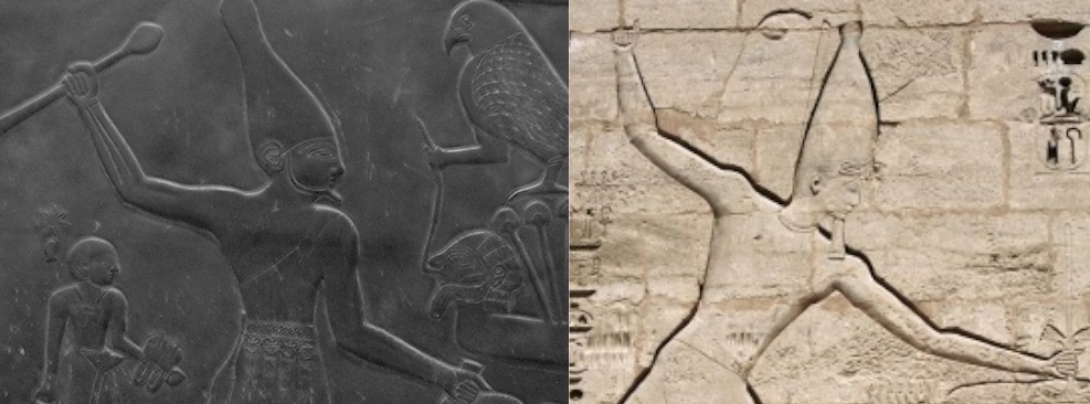 Palette of Narmer (left) and Ramses III smiting at Medinet Habu (right)