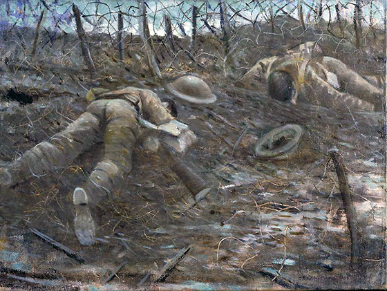 C.R.W. Nevinson, Paths Of Glory, 1917, oil on canvas, 467 x 609 mm (Imperial War Museum, London), image: The corpses of two dead British soldiers lying face down in the mud among barbed wire. Their helmets and rifles lie in the mud next to them.