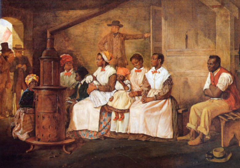 Eyre Crowe, Esclavos en espera de venta, Richmond, Virginia, 1861, vía Universidad de Virginia, La trata atlántica de esclavos y la vida de esclavos en las Américas.