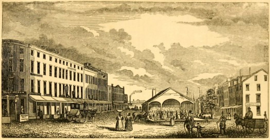 In southern cities like Norfolk, VA, markets sold not only vegetables, fruits, meats, and sundries, but also slaves. Enslaved men and women, like the two walking in the direct center, lived and labored next to free people, black and white. S. Weeks, “Market Square, Norfolk,” from Henry Howe's Historical Collections of Virginia, 1845. Wikimedia, http://commons.wikimedia.org/wiki/File:Historical_Collections_of_Virginia_-_Market_Square,_Norfolk.jpg. 