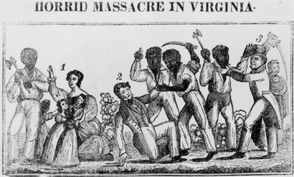 This woodcut captured the terror felt by white southerners in the aftermath of Nat Turner's rebellion. After the rebellion, fearful white reactionaries killed hundreds of enslaved people—most of whom were unconnected to the rebellion— and the state created stricter, more limiting laws concerning slavery. via African American Intellectual History Society. 