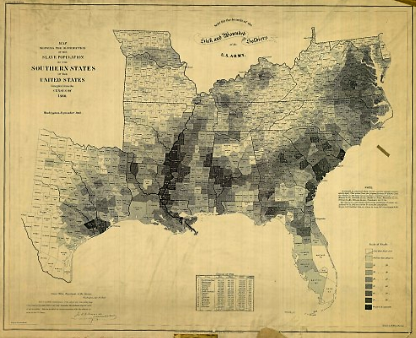 Este mapa, publicado por la Guardia Costera de Estados Unidos, muestra el porcentaje de esclavos en la población en cada condado de los estados esclavistas en 1860. Los porcentajes más altos se encuentran a lo largo del río Mississippi, en el “Cinturón Negro” de Alabama, y la costa de Carolina del Sur, todos los cuales fueron centros de producción agrícola (algodón y arroz) en Estados Unidos. E. Hergesheimer (cartógrafo), Th. Leonhardt (grabador), Mapa Mostrando la Distribución de la Población Esclava de los Estados del Sur de Estados Unidos Compilado a partir del Censo de 1860, c. 1861. Wikimedia, http://commons.wikimedia.org/wiki/File:SlavePopulationUS1860.jpg.