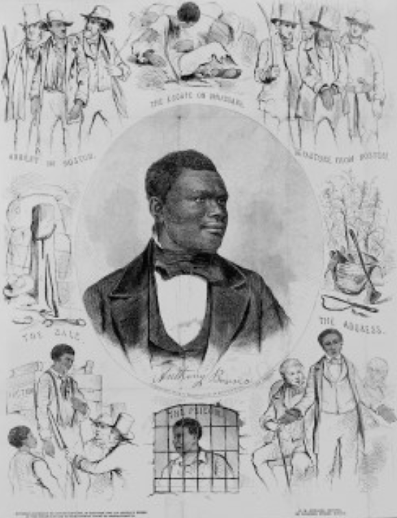 Anthony Burns, the fugitive slave, appears in a portrait at the center of this 1855. Burns’ arrest and trial, possible because of the 1850 Fugitive Slave Act, became a rallying cry. As a symbol of the injustice of the slave system, Burns’ treatment spurred riots and protests by abolitionists and citizens of Boston in the spring of 1854. John Andrews (engraver), “Anthony Burns,” c. 1855. Library of Congress, http://www.loc.gov/pictures/item/2003689280/.