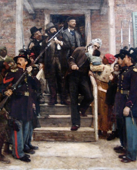 The execution of John Brown made him a martyr in abolitionist circles and a confirmed traitor in southern crowds. Both of these images continued to pervade public memory after the Civil War, but in the North especially (where so many soldiers had died to help end slavery) his name was admired. Over two decades after Brown’s death, Thomas Hovenden portrayed Brown as a saint. As he is lead to his execution for attempting to destroy slavery, Brown poignantly leans over a rail to kiss a black baby. Thomas Hovenden, The Last Moments of John Brown, c. 1882-1884. Wikimedia, http://commons.wikimedia.org/wiki/File:%27The_Last_Moments_of_John_Brown%27,_oil_on_canvas_painting_by_Thomas_Hovenden.jpg. 