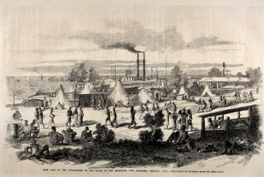 Enslaved African Americans who took freedom into their own hands and ran to Union lines congregated in what were called contraband camps, which existed alongside Union army camps. As is evident in the photograph, these were crude, disorganized, and dirty places. But they were still centers of freedom for those fleeing slavery. Contraband camp, Richmond, Va, 1865. The Camp of the Contrabands on the Banks of the Mississippi, Fort Pickering, Memphis, Tenn, 1862. American Antiquarian Society, from Shades of Gray and Blue, http://www.civilwarshades.org/building-a-future/contraband-camps/. 