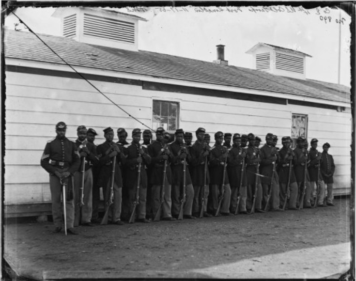 The creation of black regiments was another kind of innovation during the Civil War. Northern free blacks and newly freed slaves joined together under the leadership of white officers to fight for the Union cause. This novelty was not only beneficial for the Union war effort; it also showed the Confederacy that the Union sought to destroy the foundational institution (slavery) upon which their nation was built. William Morris Smith, “[District of Columbia. Company E, 4th U.S. Colored Infantry, at Fort Lincoln],” between 1863 and 1866. Library of Congress, http://www.loc.gov/pictures/item/cwp2003000946/PP/. 