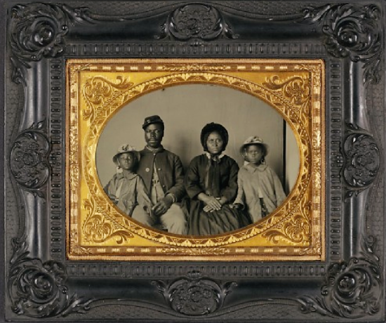 This African American family dressed in their finest clothes (including a USCT uniform) for this photograph, projecting respectability and dignity that was at odds with the southern perception of black Americans. “[Unidentified African American soldier in Union uniform with wife and two daughters],” between 1863 and 1865. Library of Congress, http://www.loc.gov/pictures/item/2010647216/. 