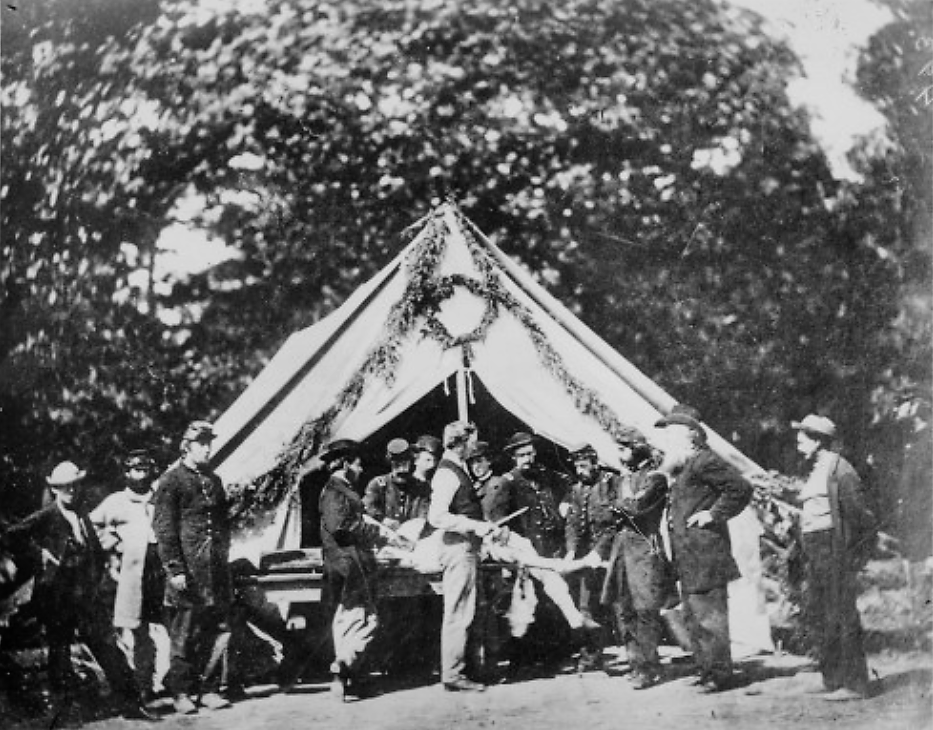 Amputations were a common form of treatment during the war. While it saved the lives of some soldiers, it was extremely painful and resulted in death in many cases. It also produced the first community of war veterans without limbs in American history. “Amputation being performed in a hospital tent, Gettysburg,” July 1863. National Archives and Records Administration, http://research.archives.gov/description/520203. 