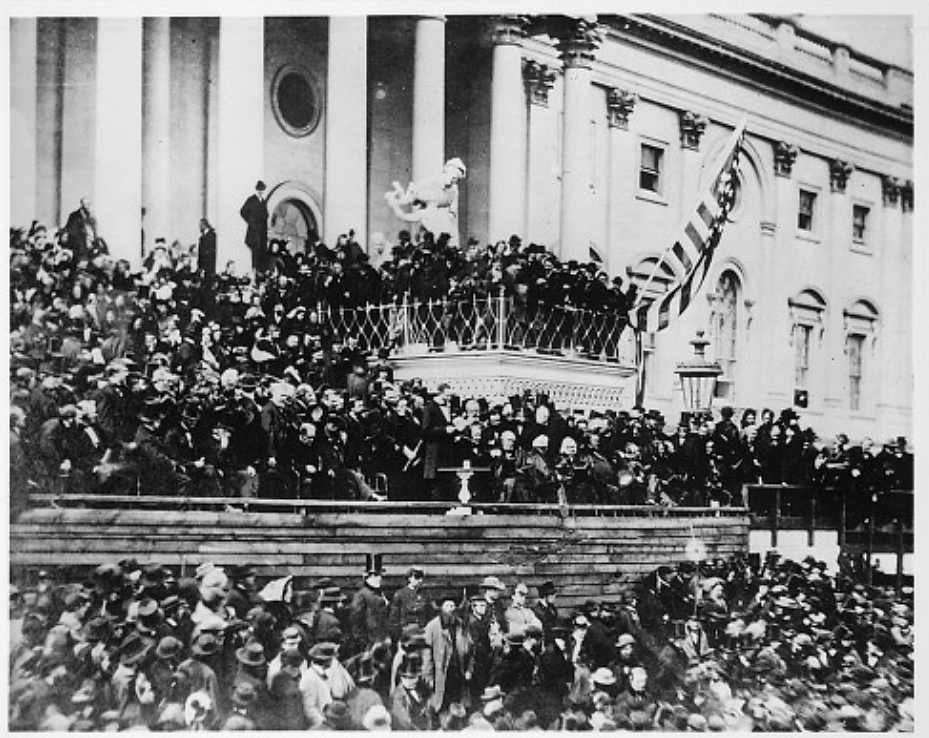 With crowds of people filling every inch of ground around the U.S. Capitol, President Lincoln delivered his inaugural address on March 4, 1865. Alexander Gardner, “Lincoln’s Second Inaugural,” between 1910 and 1920 from a photograph taken in 1865. Wikimedia, http://www.loc.gov/pictures/item/00650938/. 