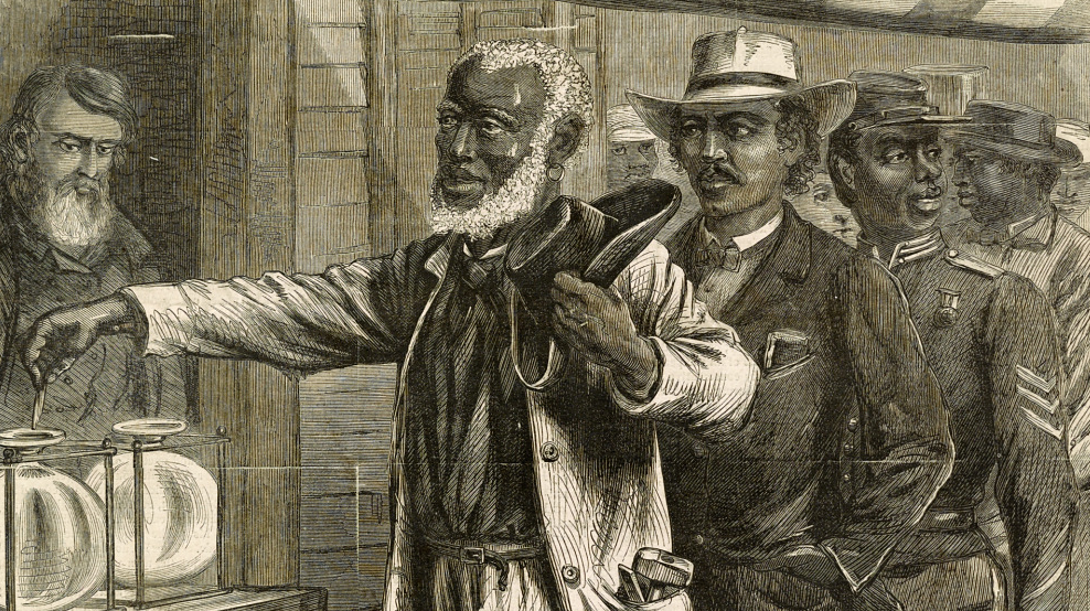 With the passage of the Fifteenth Amendment, droves of African American men went to the polls to exercise their newly recognized right to vote. In this Harper’s Weekly print, black men of various occupations wait patiently for their turn as the first voter submits his ballot. Unlike other contemporary images that depicted African Americans as ignorant, unkempt, and lazy, this print shows these black men as active citizens. Alfred R. Waud, “The First Vote,” November 1867. Library of Congress.
