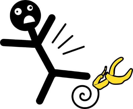 a stick figure of a man slipping on a banana