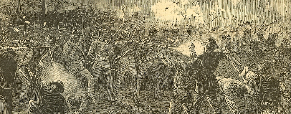 Una unidad de la Guardia Nacional de Maryland dispara contra huelguistas durante el Gran Huelga Ferroviaria de 1877. Harper's Weekly, vía Wikimedia