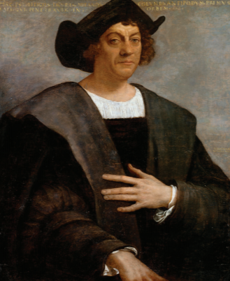 Formal portrait of seated Christopher Columbus in black jacket with a white blouse and left arm over his stomach