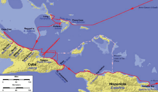 Map of Columbus' first voyage, from the Canaru Islands, first landing in the Bahamas then onto Cuba and Hispanola, then returning to the Azores