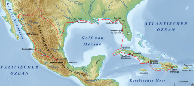  Map of Cabeza de Vaca’s Expedition from Santo Domingo, along Cuba, to Tampa Bay, and Galveston. Then west shore of Mexico and south to Mexico City 
